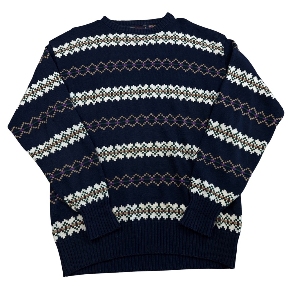 Vintage Chaps Ralph Lauren Navy Fair Isle Cotton Knit Sweater Mens M Made in USA